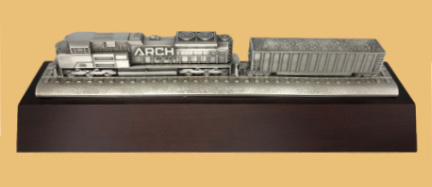 Train engine with coal car wagon award plaque for Arch Resources Wolf Run coal company
