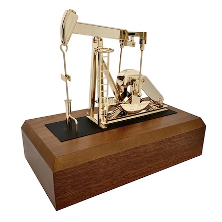 Handcrafted Gold Plated Miniature Oilfield Pump Jack Model - Battery Powered - Solid Brass - Mounted on Wood Base